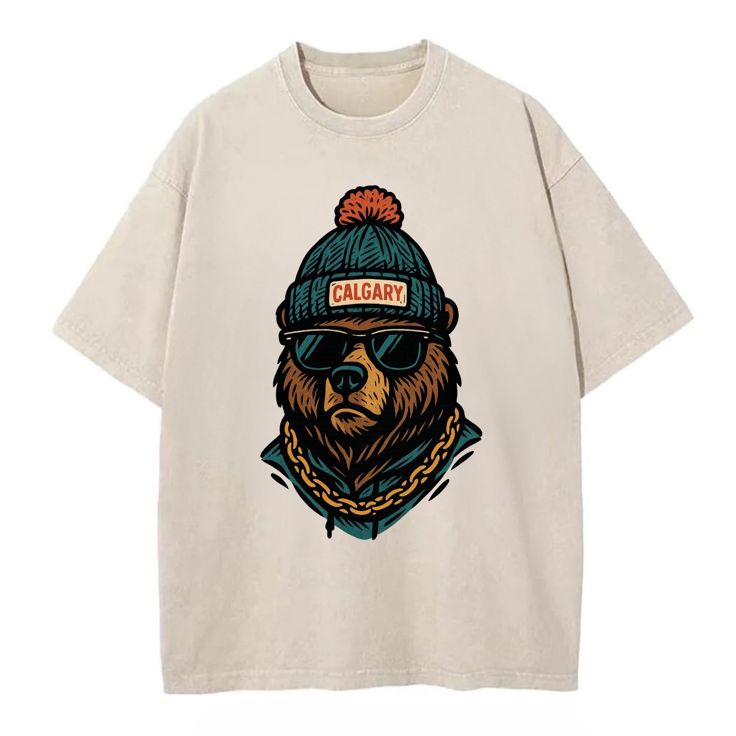 Calgary Grizzly Bear wearing Calgary beanie with pom pom and wayfarer sunglasses - Vintage T-shirt - Off White