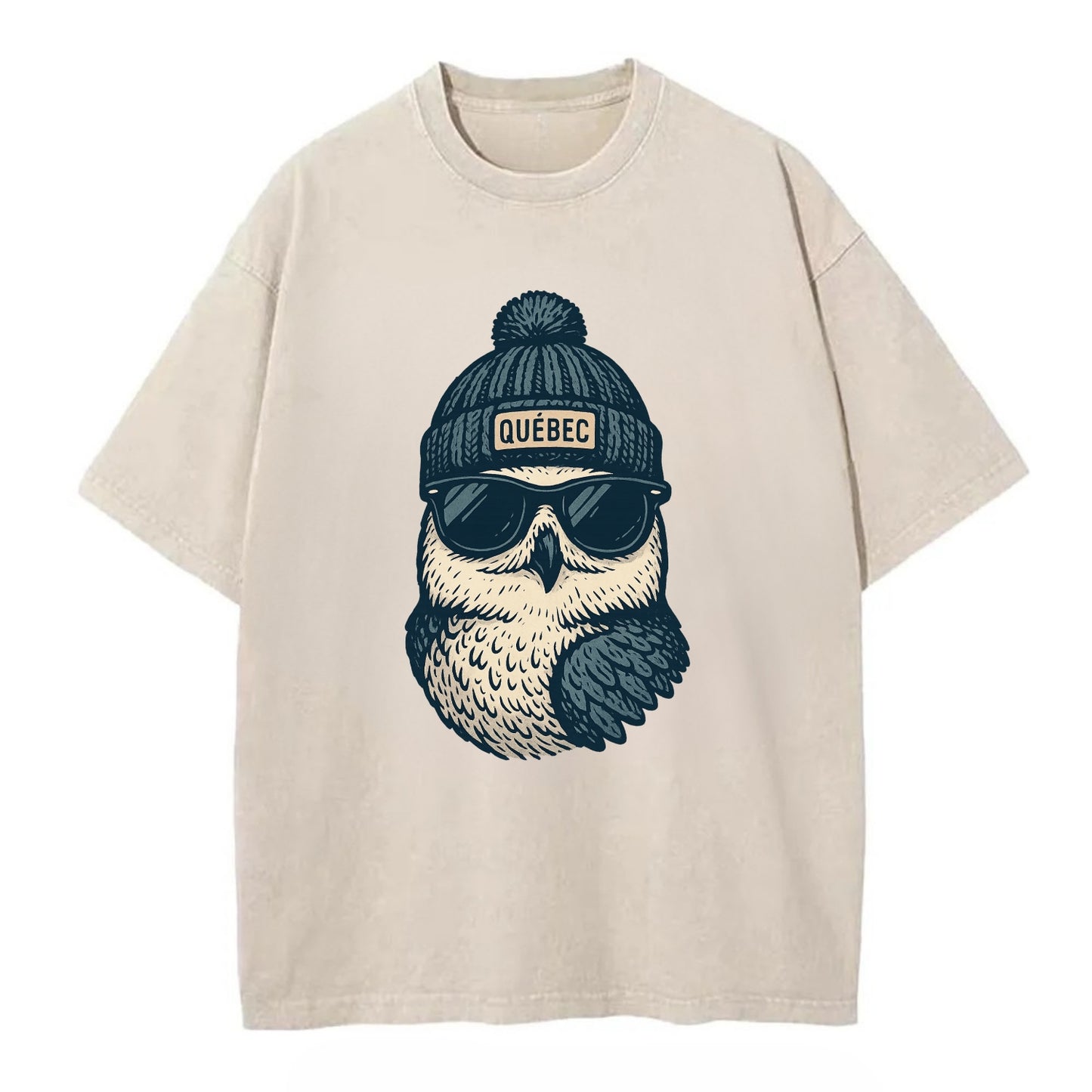 Quebec City Snowy Owl wearing Quebec bea - Vintage T-shirt - Off White