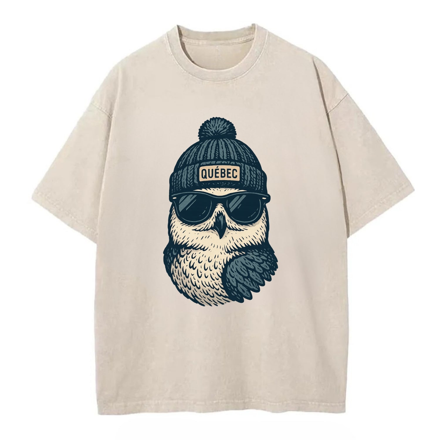 Quebec City Snowy Owl wearing Quebec bea - Vintage T-shirt - Off White