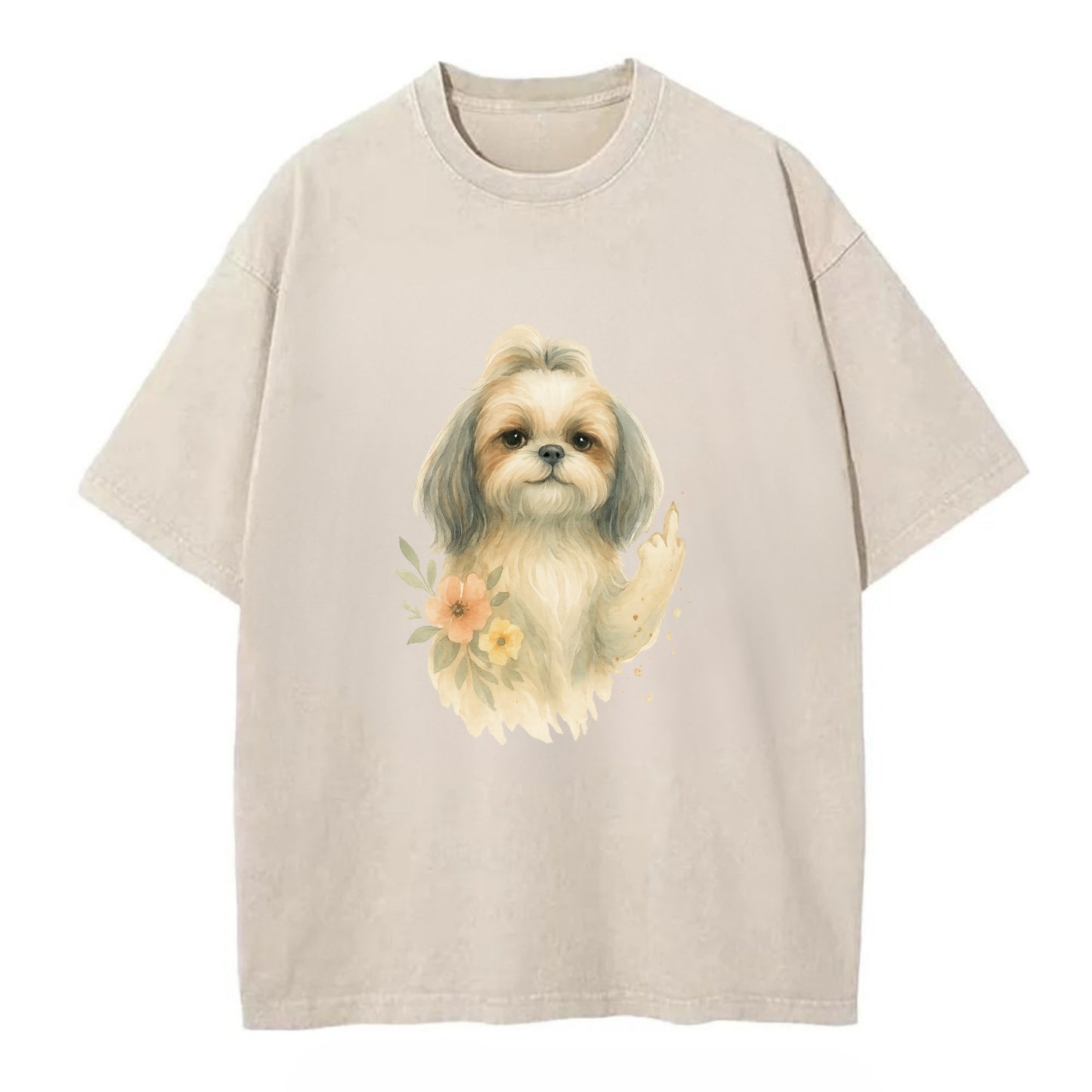 Shih Tzu with long flowing silky hair, tiny paw showing attitude - Vintage T-shirt - Off White