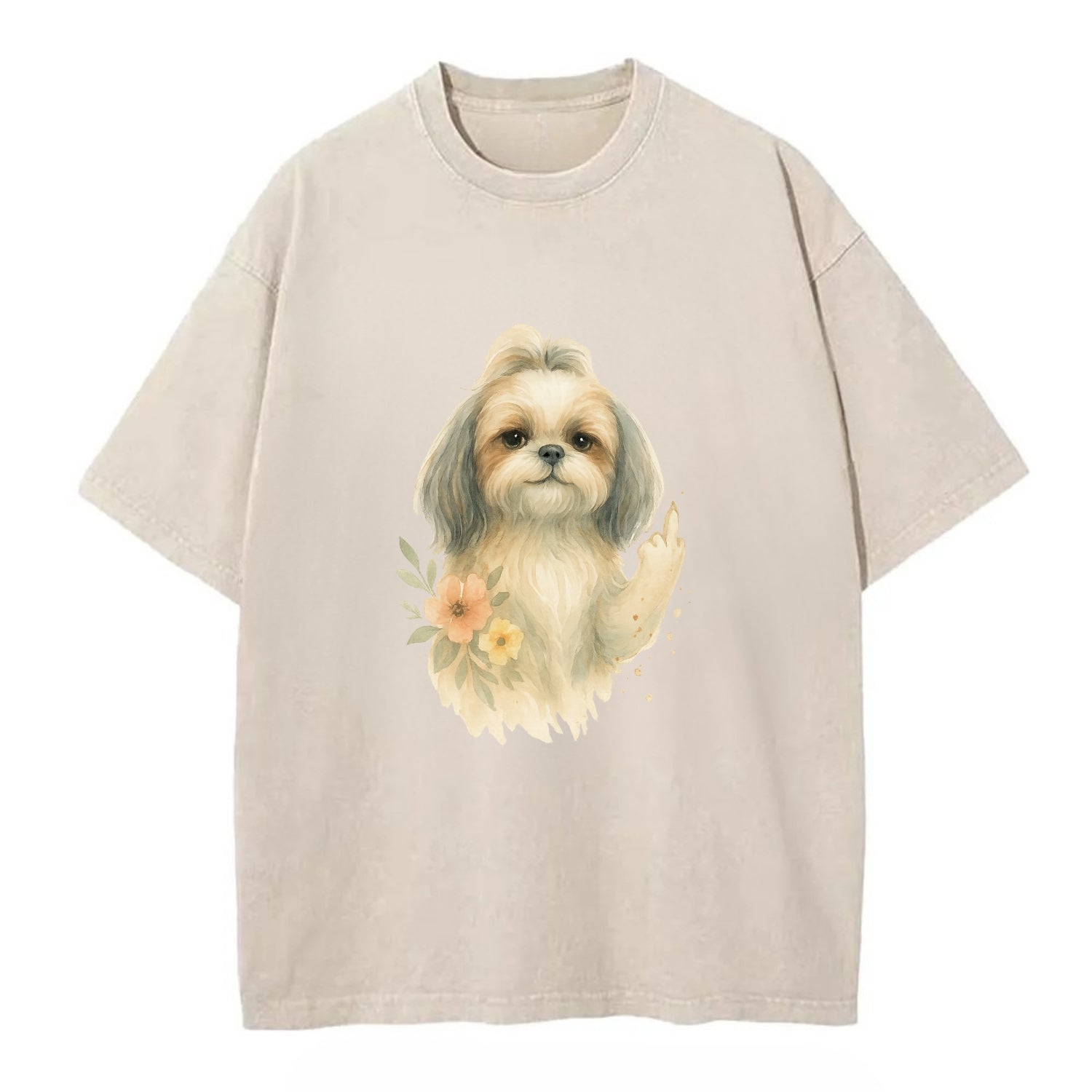 Shih Tzu with long flowing silky hair, tiny paw showing attitude - Vintage T-shirt - Off White