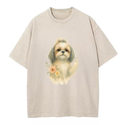 Shih Tzu with long flowing silky hair, tiny paw showing attitude - Vintage T-shirt - Off White