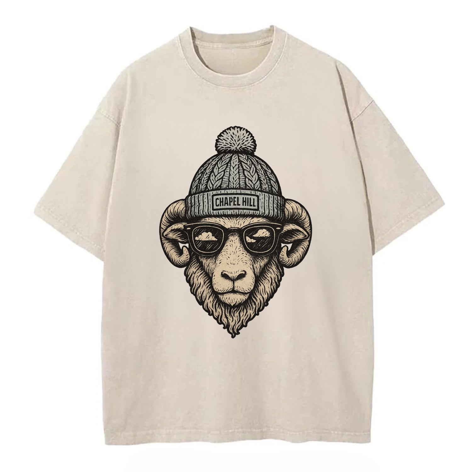 Chapel Hill Tar Heel Ram wearing UNC bea - Vintage T-shirt - Off White