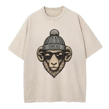 Chapel Hill Tar Heel Ram wearing UNC bea - Vintage T-shirt - Off White