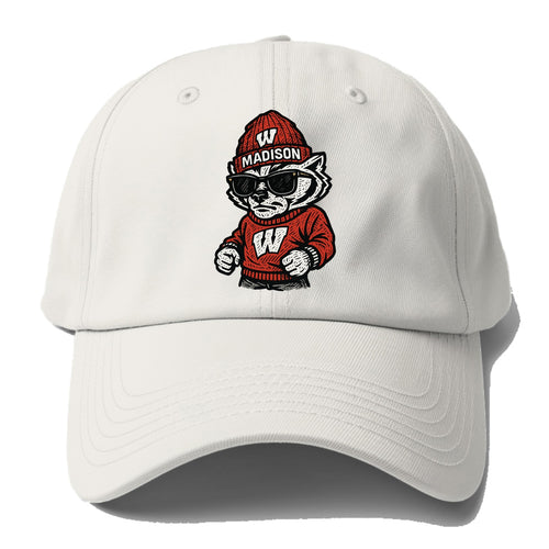 Madison Badger wearing Wisconsin beanie with motion W patch - Baseball Cap For Big Heads