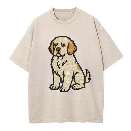 Clumber Spaniel - White with lemon markings embroidered pose - Vintage T-shirt - Off White