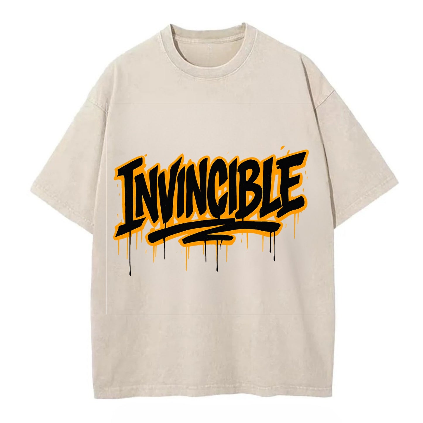Bold typography design - "INVINCIBLE" - cannot be defeated, unconquerable - Vintage T-shirt - Off White