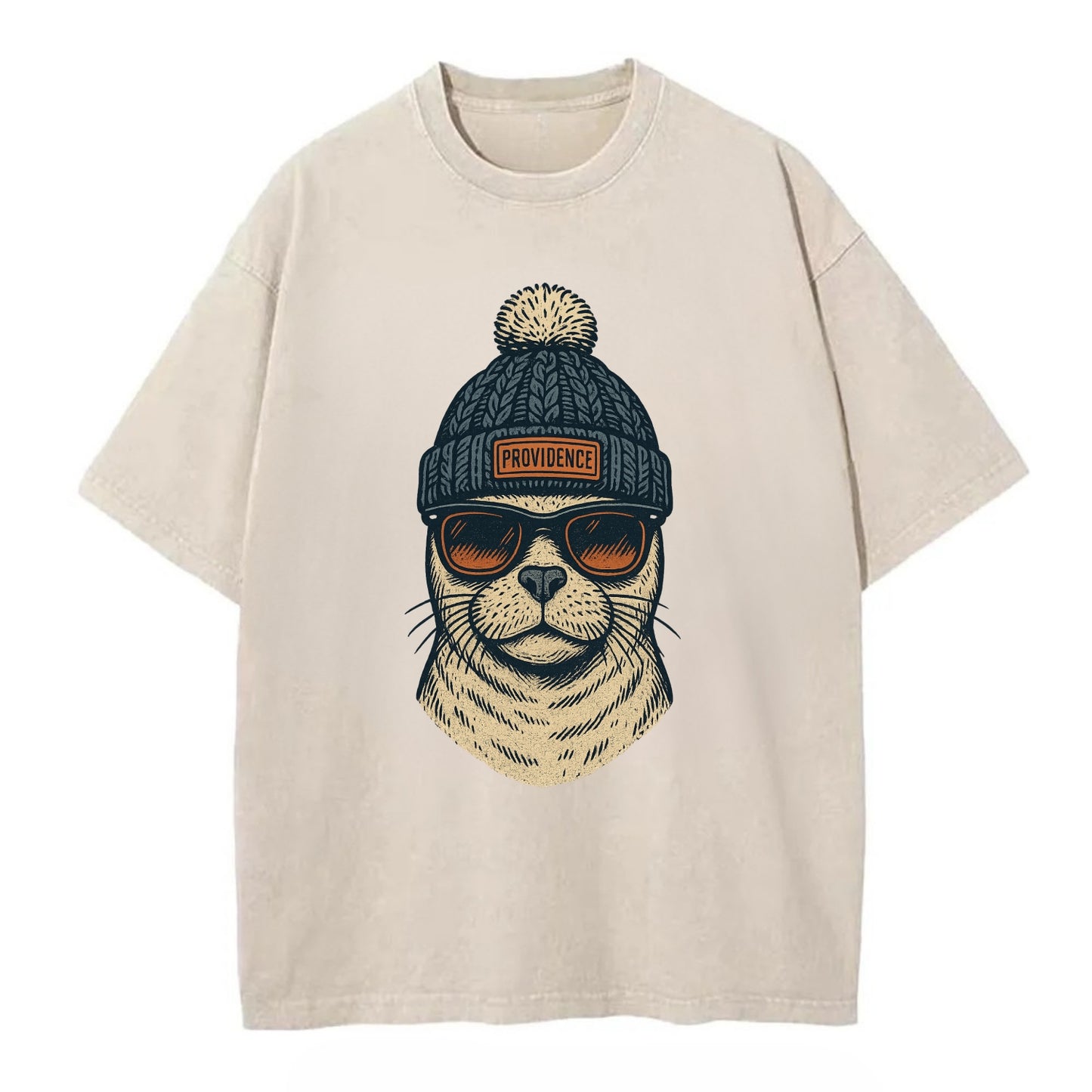 Rhode Island Harbor Seal wearing Providence beanie with pom pom and wayfarer - Vintage T-shirt - Off White