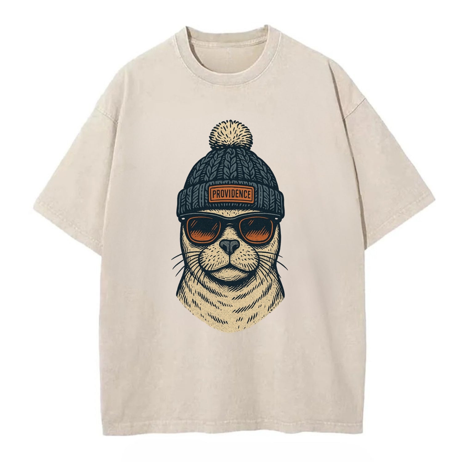 Rhode Island Harbor Seal wearing Providence beanie with pom pom and wayfarer - Vintage T-shirt - Off White