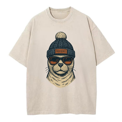 Rhode Island Harbor Seal wearing Providence beanie with pom pom and wayfarer - Vintage T-shirt - Off White