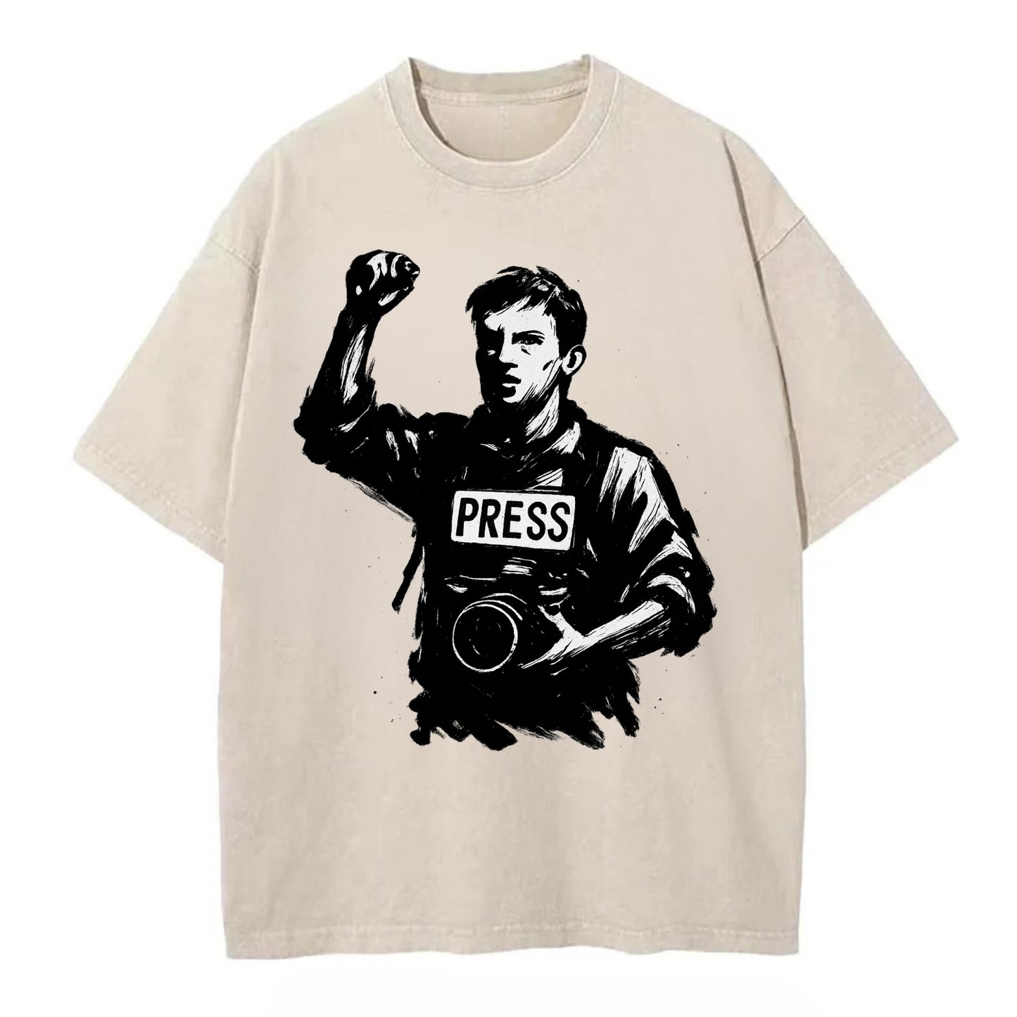 Journalist with camera - press freedom ink painting - Vintage T-shirt - Off White