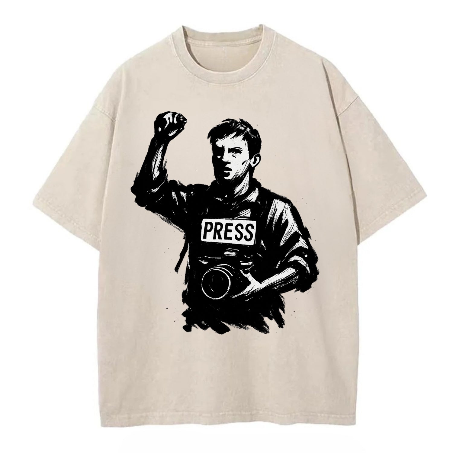 Journalist with camera - press freedom ink painting - Vintage T-shirt - Off White