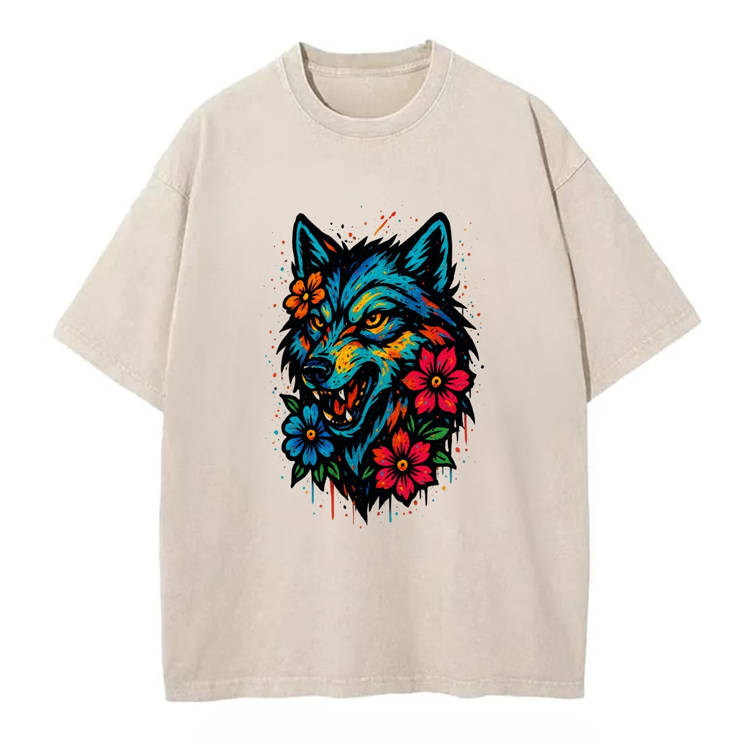 Floral Wolf Garden  - Vintage T-shirt - Off White