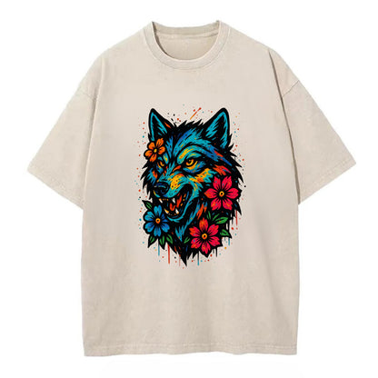 Floral Wolf Garden  - Vintage T-shirt - Off White