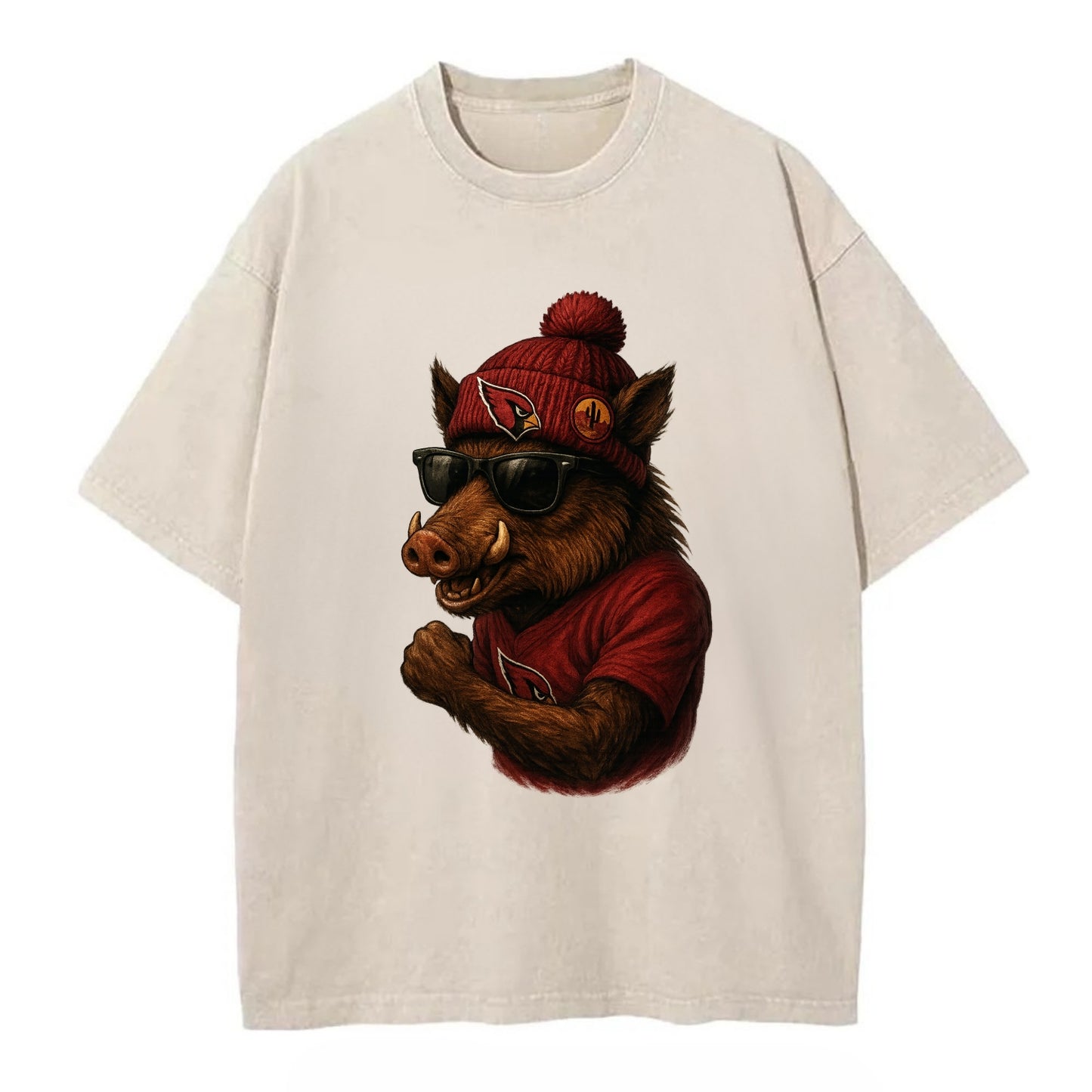 Arizona Javelina wearing Cardinals beanie with desert patch and wayfarer - Vintage T-shirt - Off White