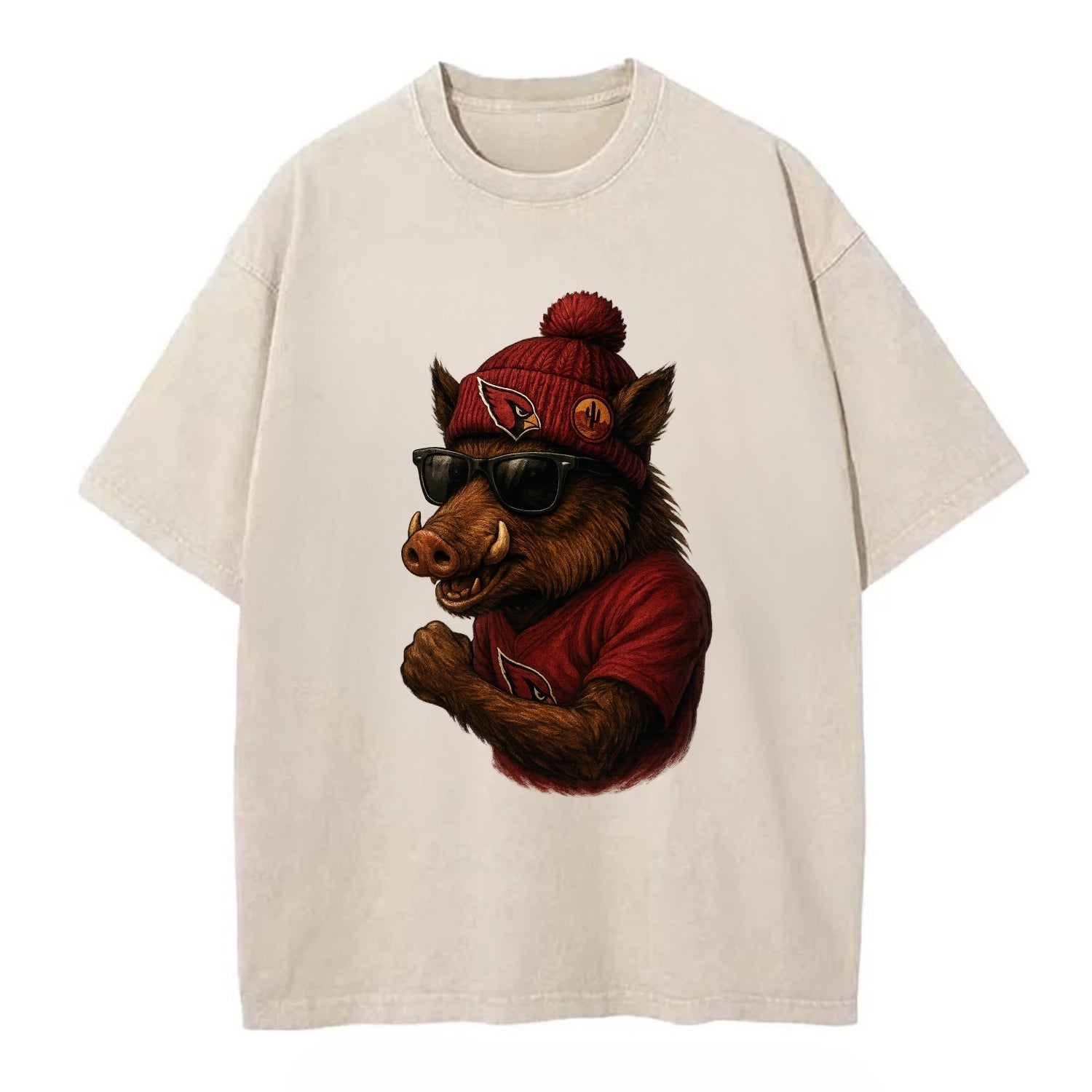 Arizona Javelina wearing Cardinals beanie with desert patch and wayfarer - Vintage T-shirt - Off White