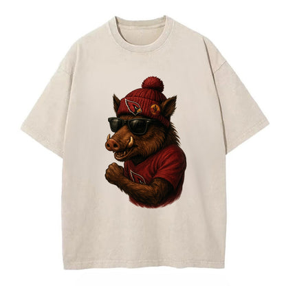 Arizona Javelina wearing Cardinals beanie with desert patch and wayfarer - Vintage T-shirt - Off White
