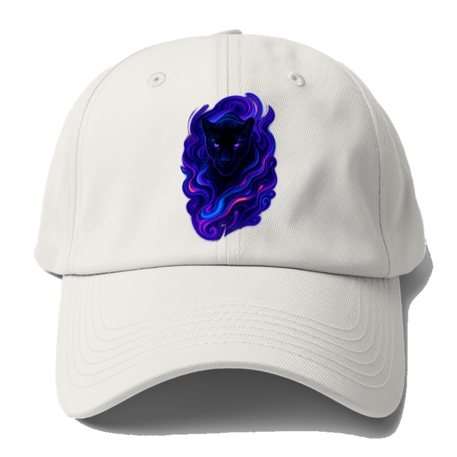 Sleek black panther emerging from swirls of deep purple and electric blue, - Baseball Cap - Off White
