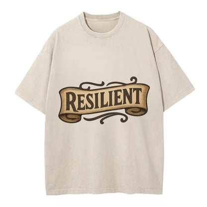 Bold typography design - "RESILIENT" - bouncing back, unbreakable spirit - Vintage T-shirt - Off White
