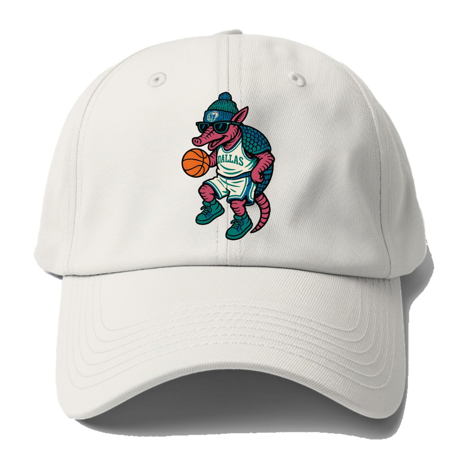 Dallas Armadillo wearing Mavericks beanie with cowboy hat patch and wayfarer - Baseball Cap - Off White