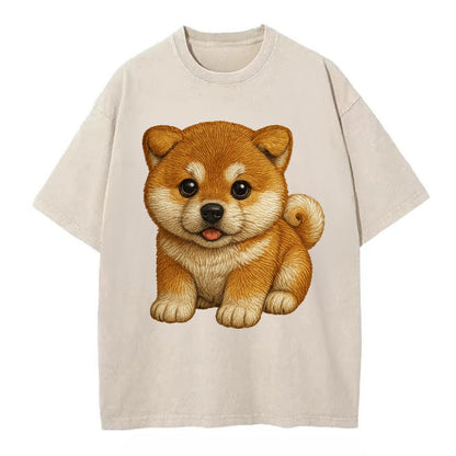 Baby Akita Puppy - fluffy bear-like, curled tail, dignified eyes, front-facing, - Vintage T-shirt - Off White