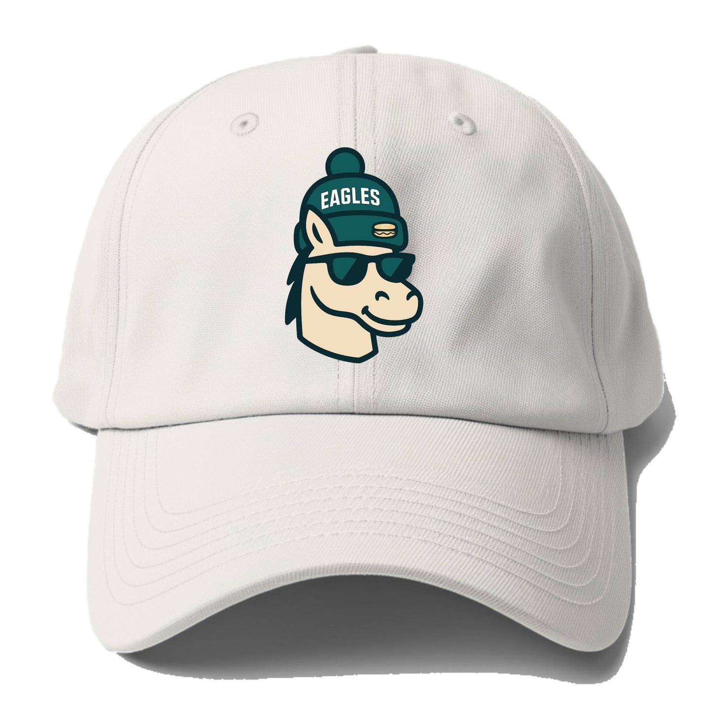 Philadelphia Horse wearing Eagles beanie with cheesesteak patch and wayfarer - Baseball Cap - Off White