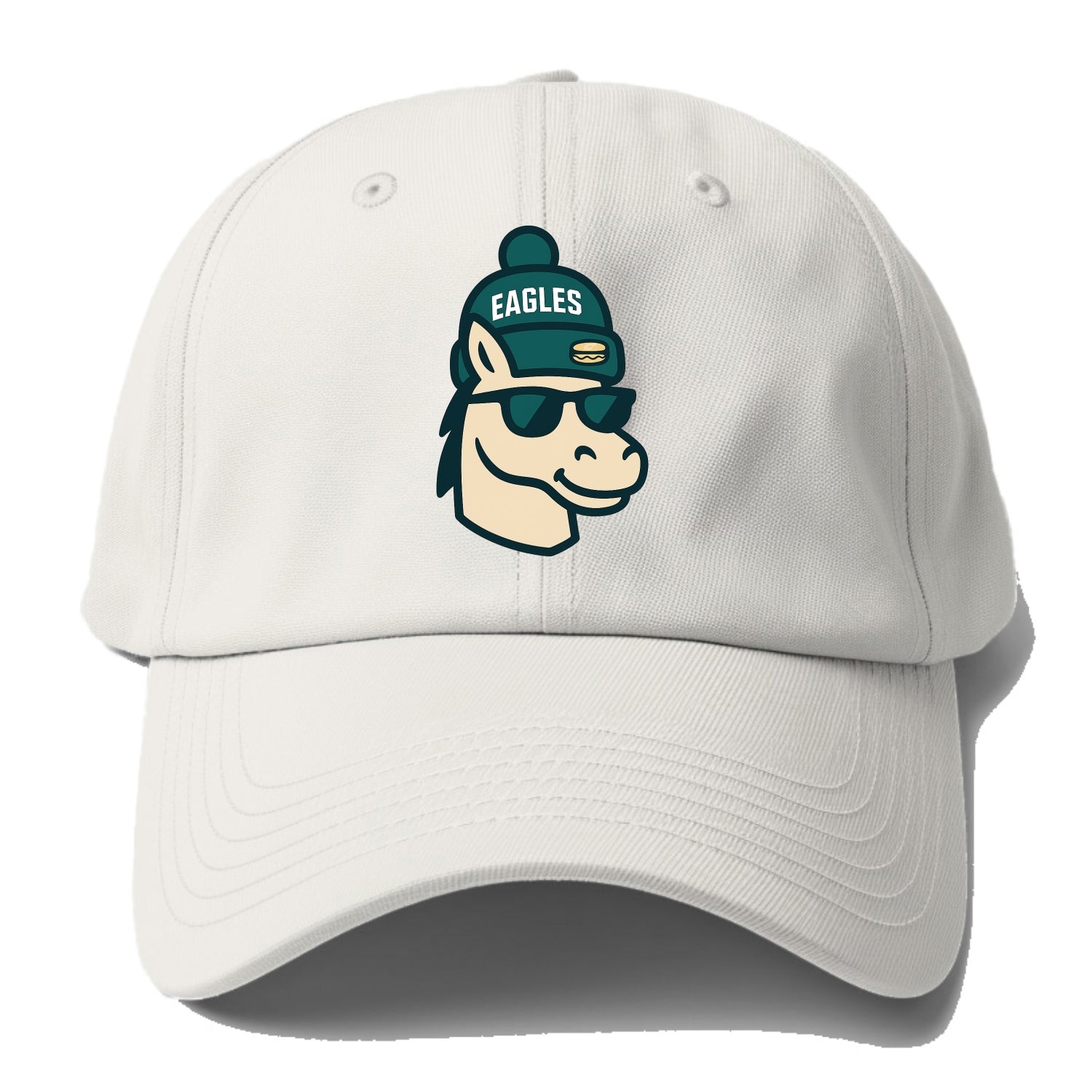 Philadelphia Horse wearing Eagles beanie with cheesesteak patch and wayfarer - Baseball Cap - Off White