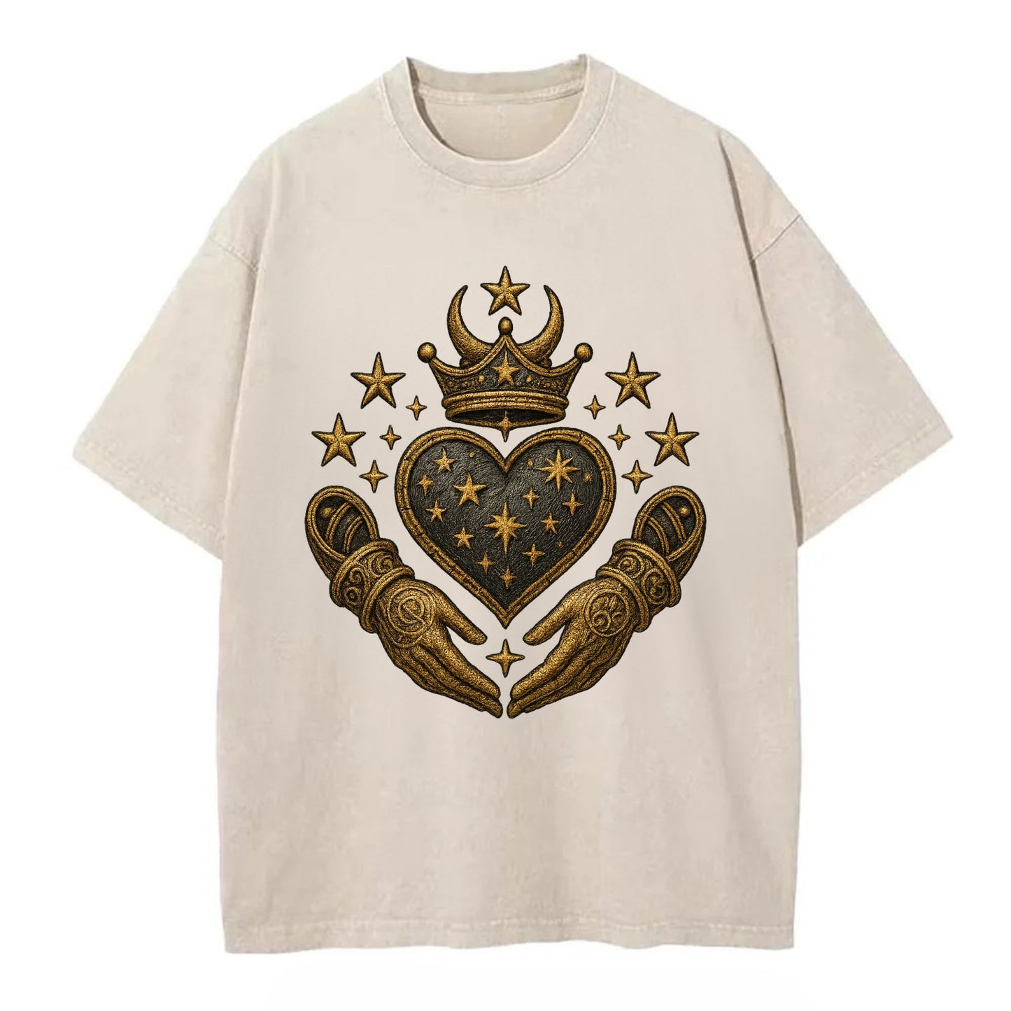 Weathered antique brass crown above a hammered gunmetal heart framed by ivy-woven - Vintage T-shirt - Off White