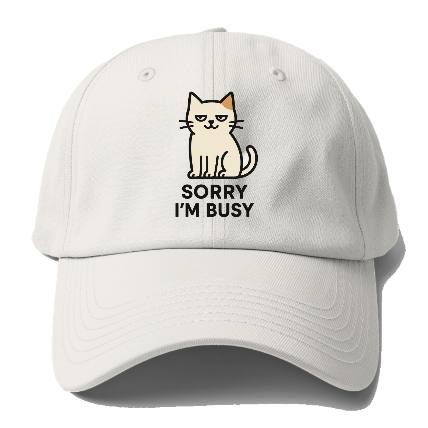 Cat sitting alone looking content - "SORRY I'M BUSY" - not sorry at all - Baseball Cap - Off White