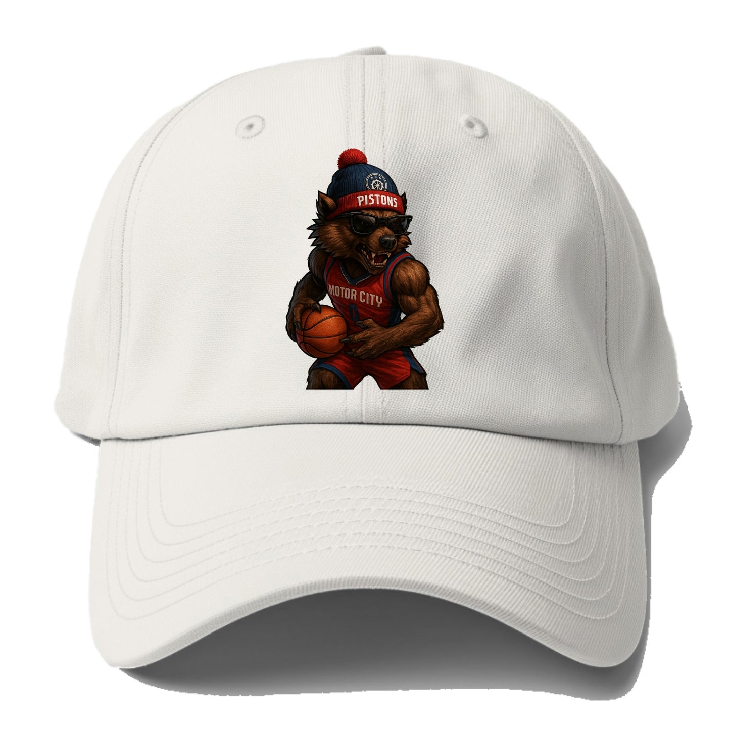 Motor City Wolverine wearing Pistons beanie with gear patch and - Baseball Cap For Big Heads - Off White