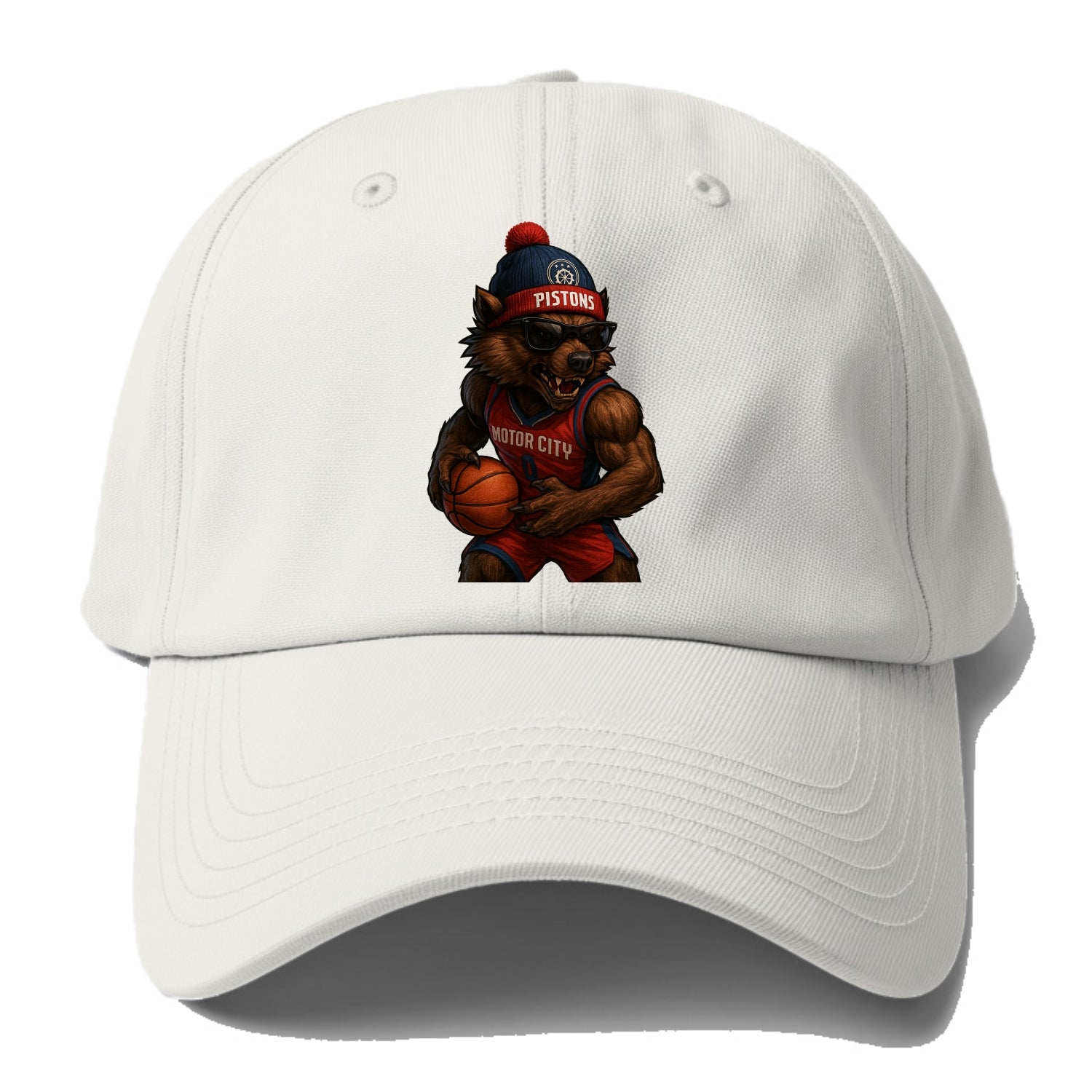 Motor City Wolverine wearing Pistons beanie with gear patch and - Baseball Cap For Big Heads - Off White