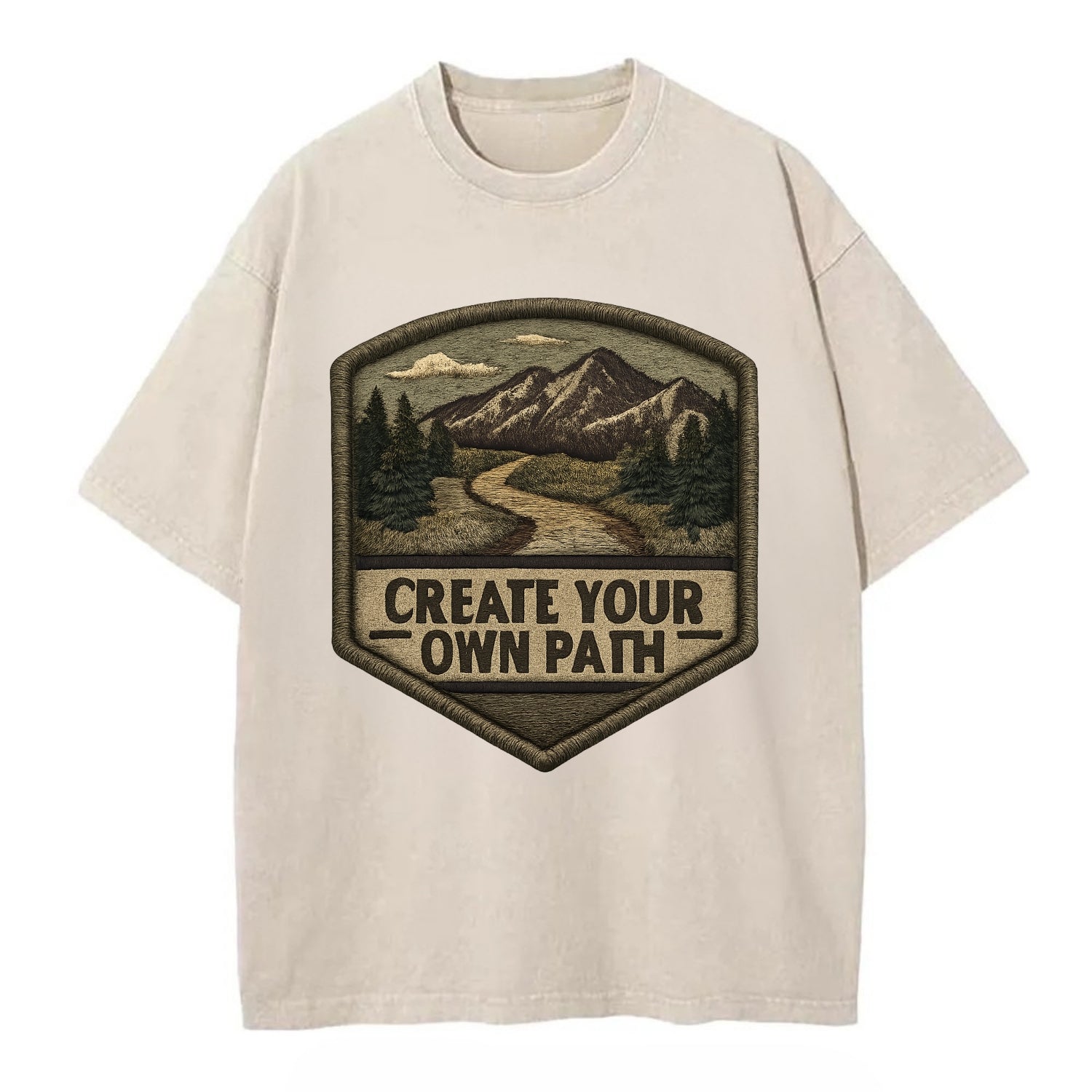 CREATE YOUR OWN PATH - trail with text in brown , independence - Vintage T-shirt - Off White