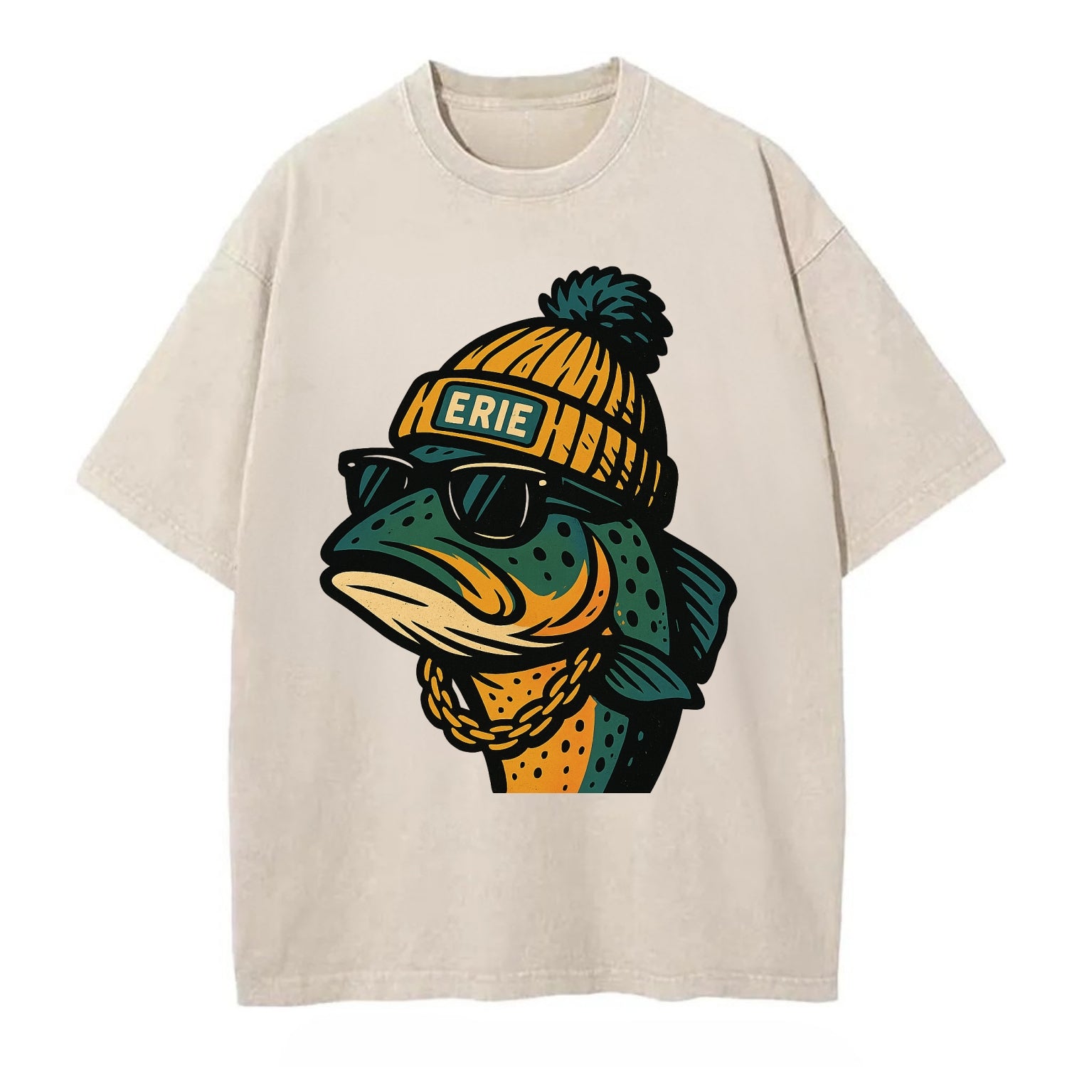 Erie Lake Trout wearing Erie beanie with pom pom and wayfarer sunglasses - Vintage T-shirt - Off White