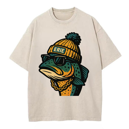 Erie Lake Trout wearing Erie beanie with pom pom and wayfarer sunglasses - Vintage T-shirt - Off White
