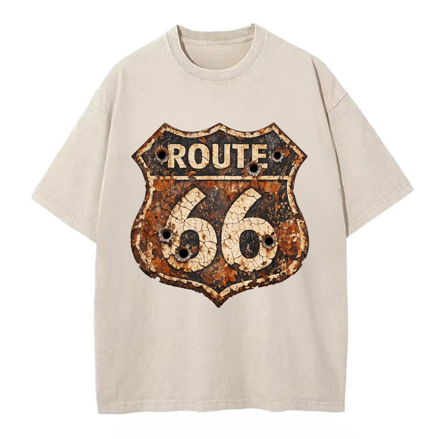 WEATHERED MARKER | Rust-aged Route 66 sign | Desert sun-bleached | Bullet holes - Vintage T-shirt - Off White