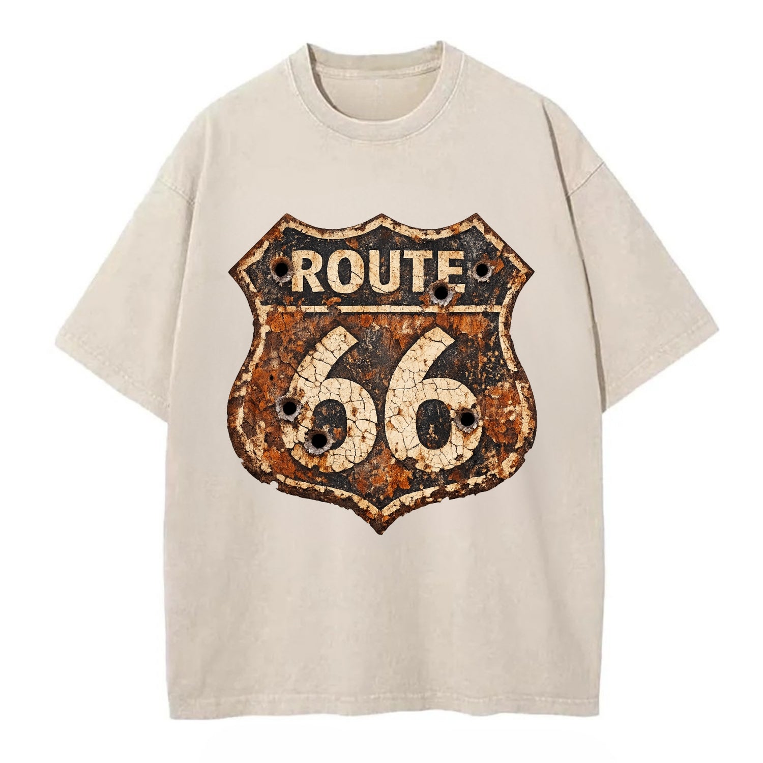 WEATHERED MARKER | Rust-aged Route 66 sign | Desert sun-bleached | Bullet holes - Vintage T-shirt - Off White