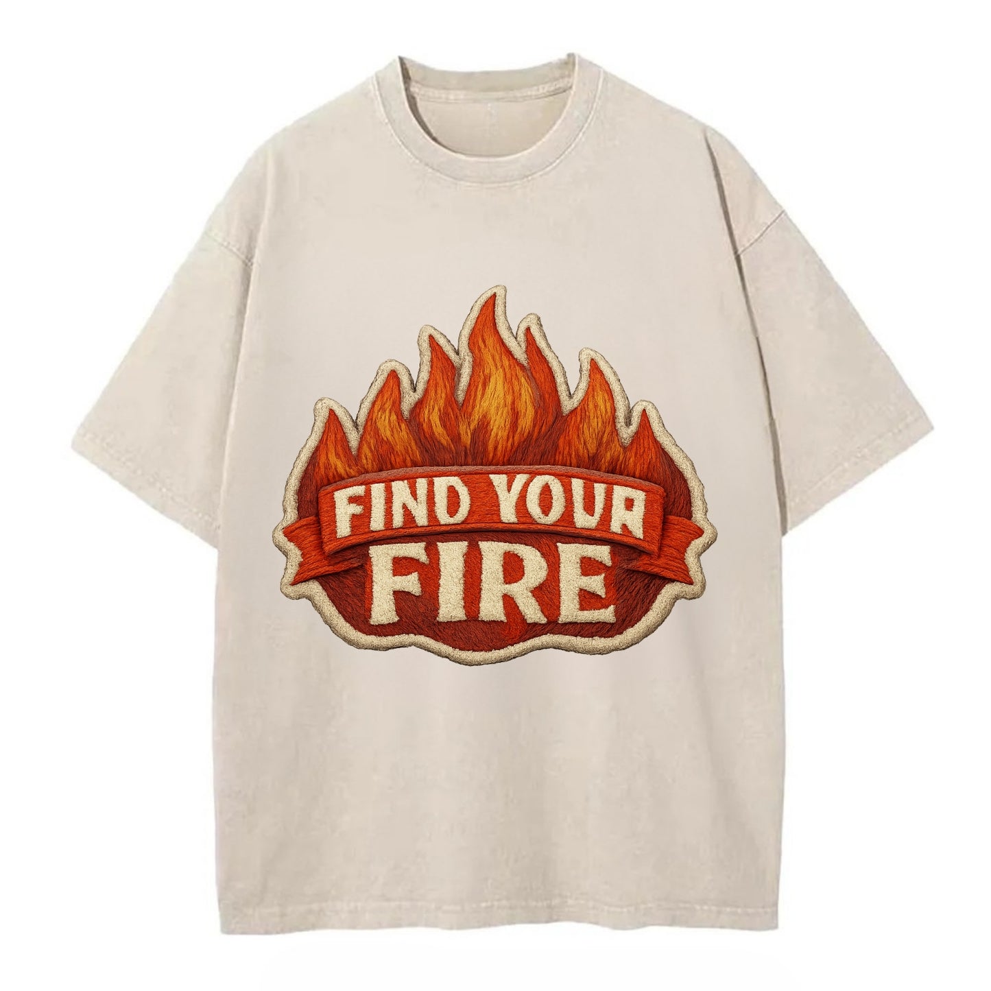 FIND YOUR FIRE - flames with text in orange , passion - Vintage T-shirt - Off White