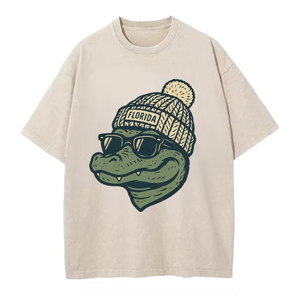 Gainesville Gator wearing Florida beanie - Vintage T-shirt - Off White
