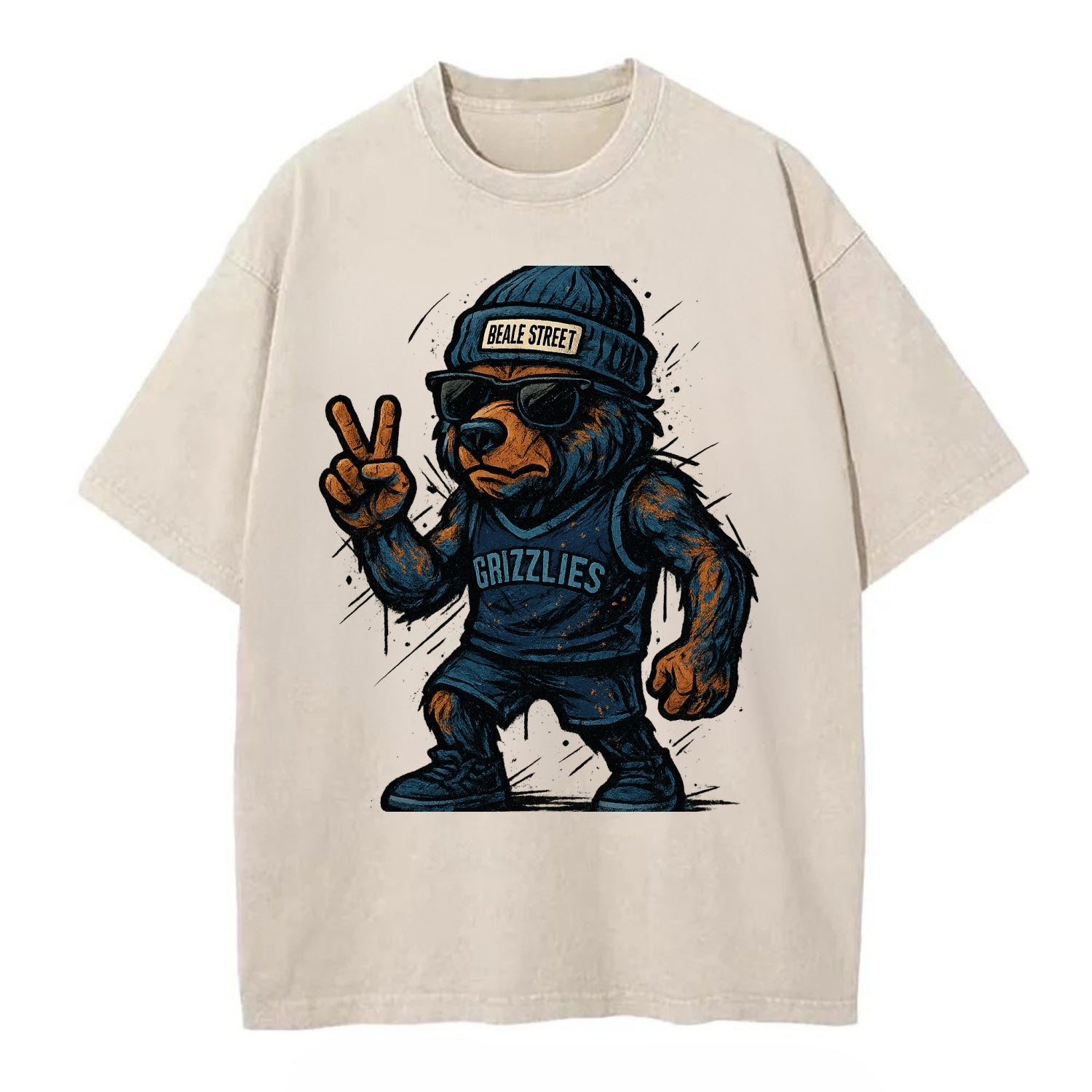Memphis Grizzly Bear wearing Grizzlies navy and light blue beanie with Beale - Vintage T-shirt - Off White