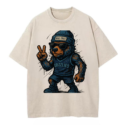 Memphis Grizzly Bear wearing Grizzlies navy and light blue beanie with Beale - Vintage T-shirt - Off White