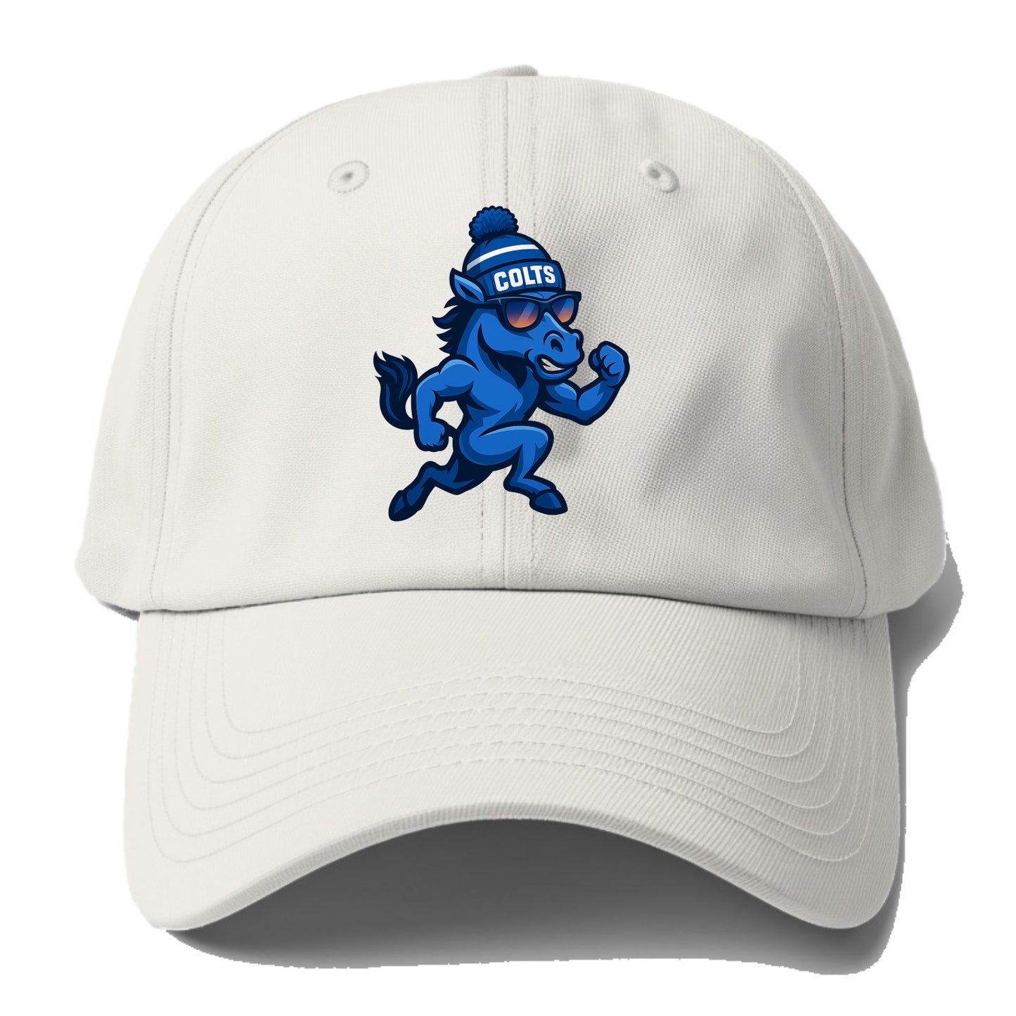 Indianapolis Colt Horse wearing Colts blue and white beanie with pom - Baseball Cap For Big Heads - Off White