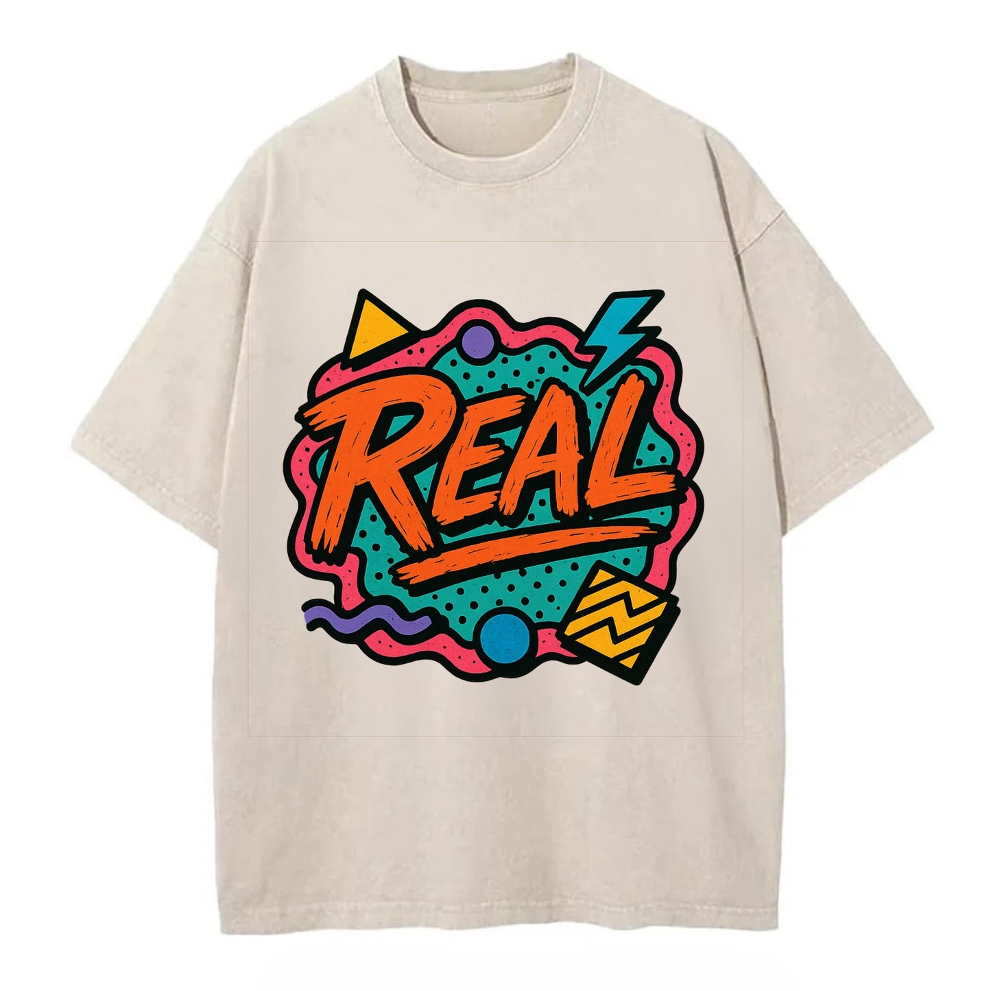 Imperfect brush strokes spelling "Real" - authenticity over perfection, raw and - Vintage T-shirt - Off White