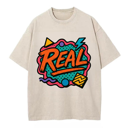 Imperfect brush strokes spelling "Real" - authenticity over perfection, raw and - Vintage T-shirt - Off White