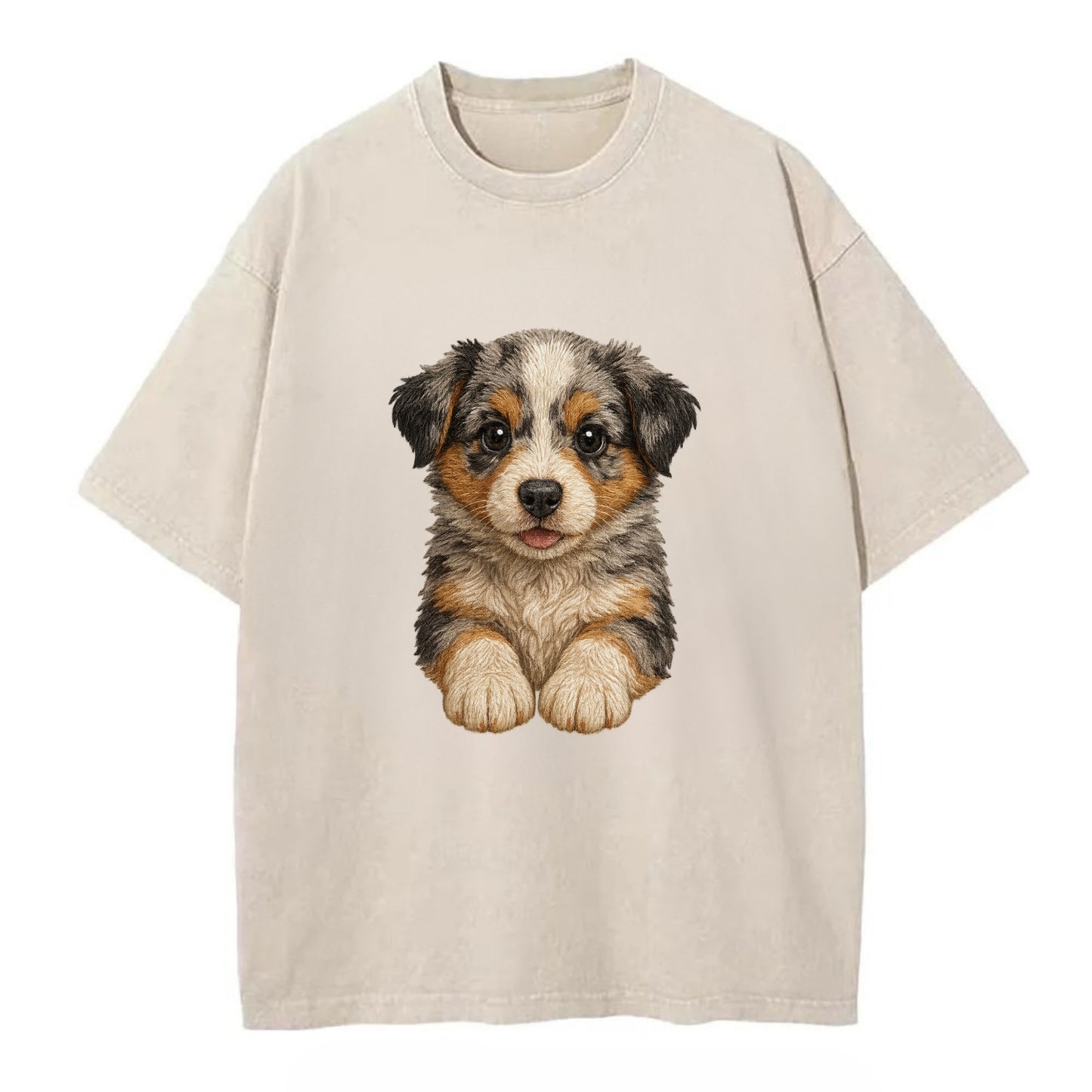 Baby Australian Shepherd Puppy - merle coat, bright eyes, fluffy, front-facing, - Vintage T-shirt - Off White