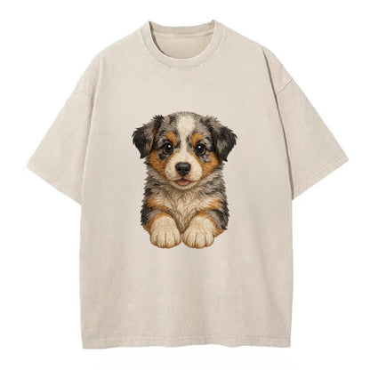 Baby Australian Shepherd Puppy - merle coat, bright eyes, fluffy, front-facing, - Vintage T-shirt - Off White