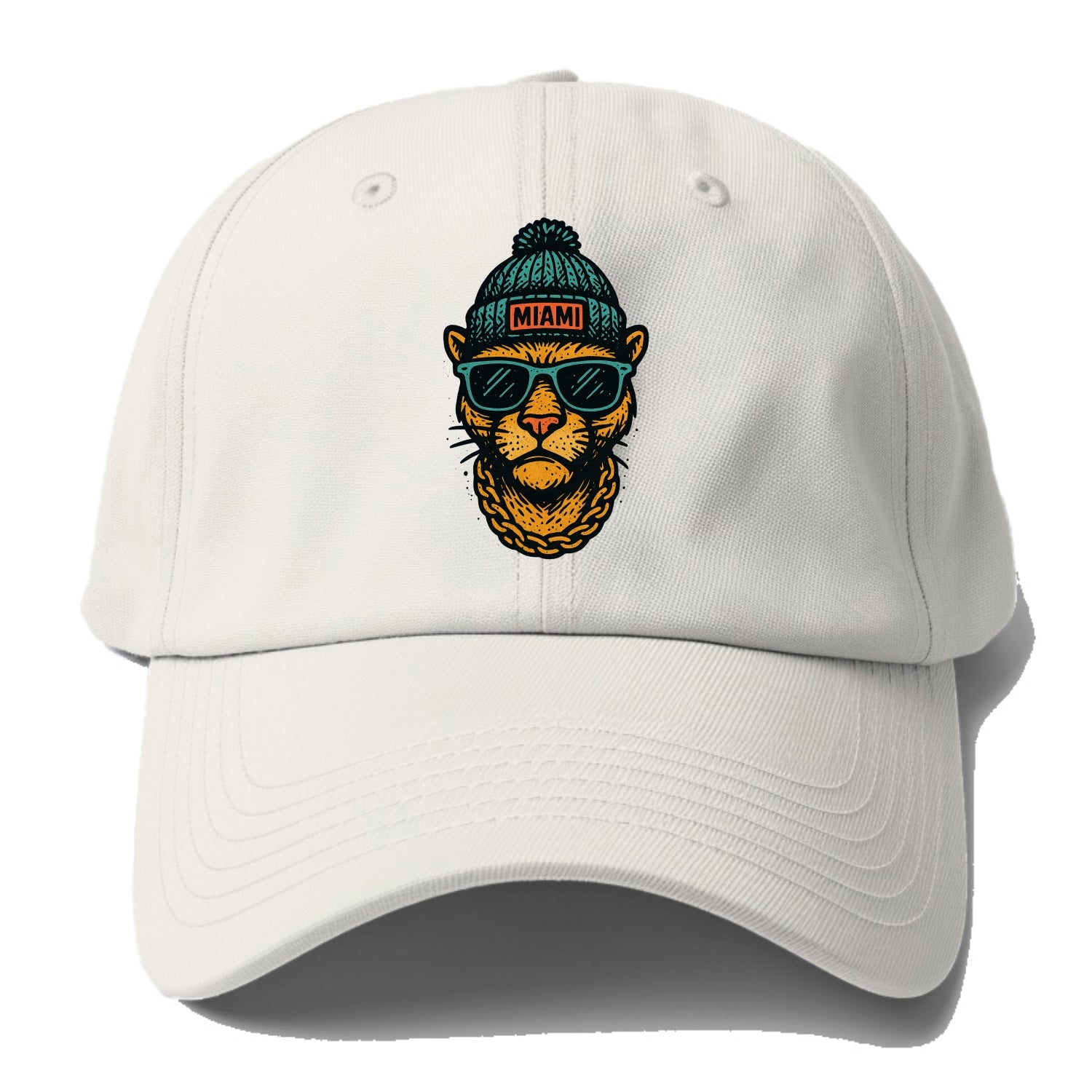 Florida Panther wearing Miami beanie with pom pom and wayfarer sunglasses - Baseball Cap - Off White