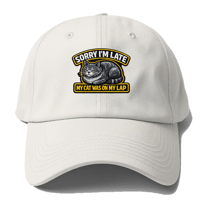 SORRY IM LATE MY CAT WAS ON MY LAP - cat loaf in gray , valid excuse - Baseball Cap - Off White