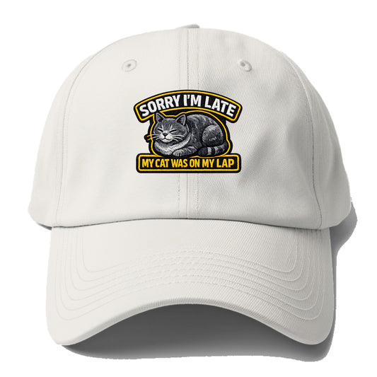 SORRY IM LATE MY CAT WAS ON MY LAP - cat loaf in gray , valid excuse - Baseball Cap - Off White