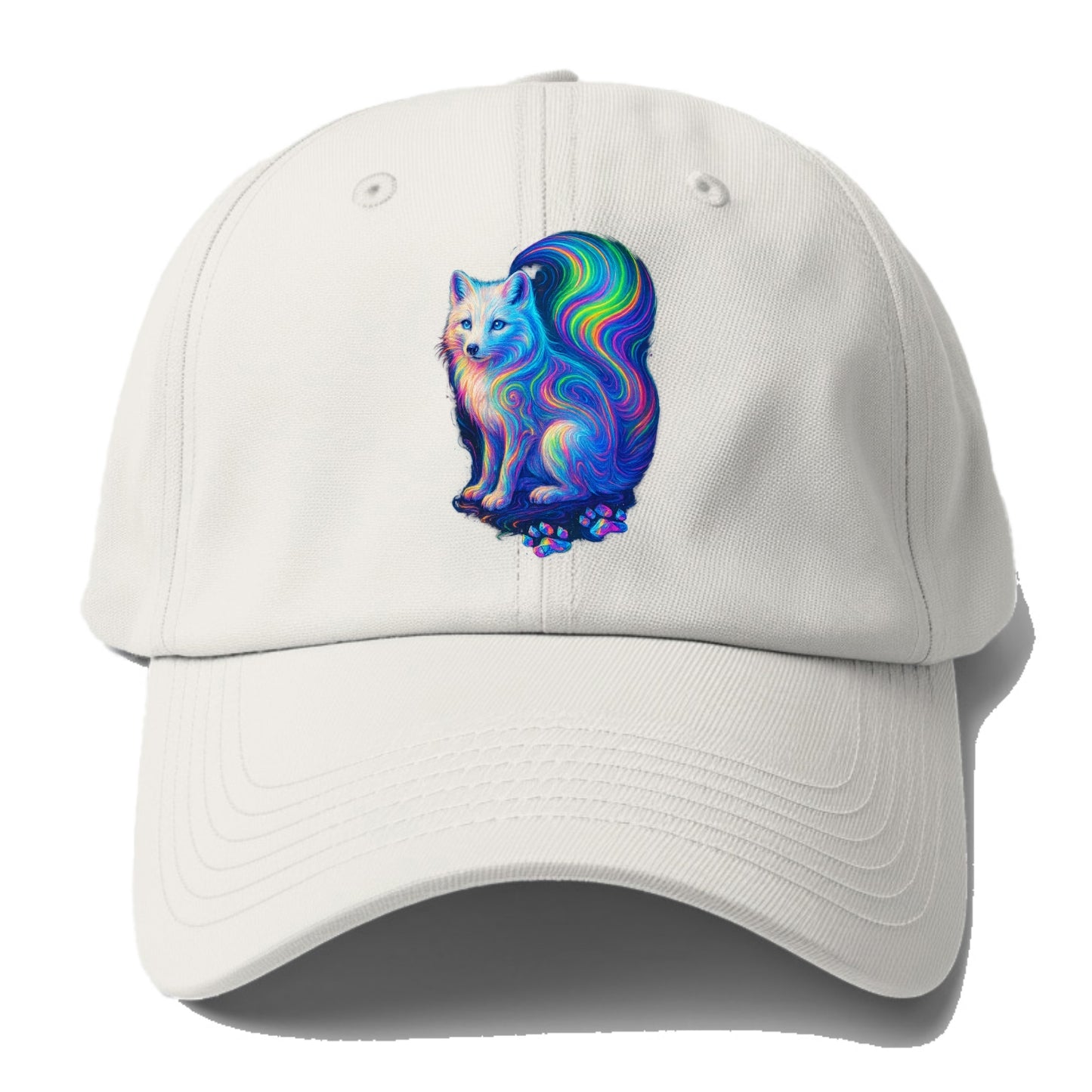 Graceful arctic fox with tail streaming aurora colors, white fur with prismatic - Baseball Cap - Off White