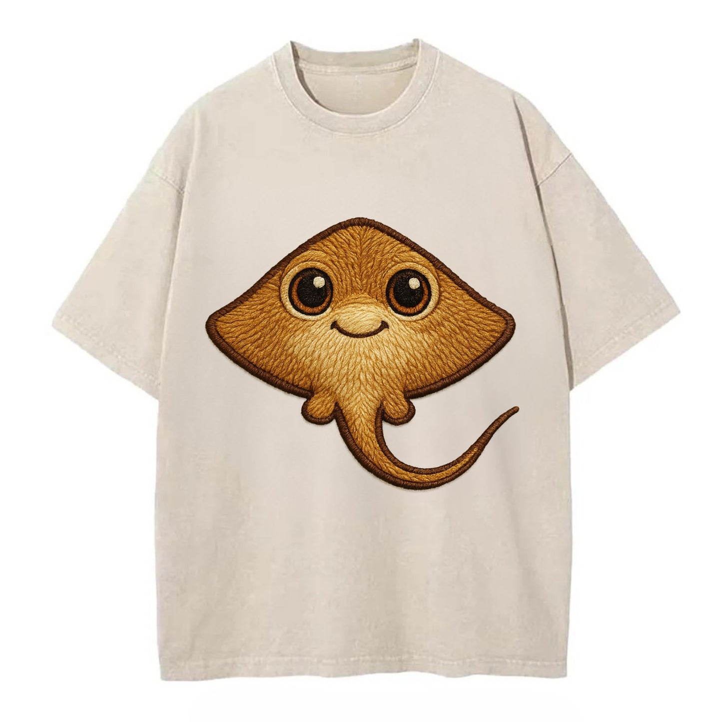 Baby Stingray - flat body, long tail, eyes on top, front-facing, friendly - Vintage T-shirt - Off White